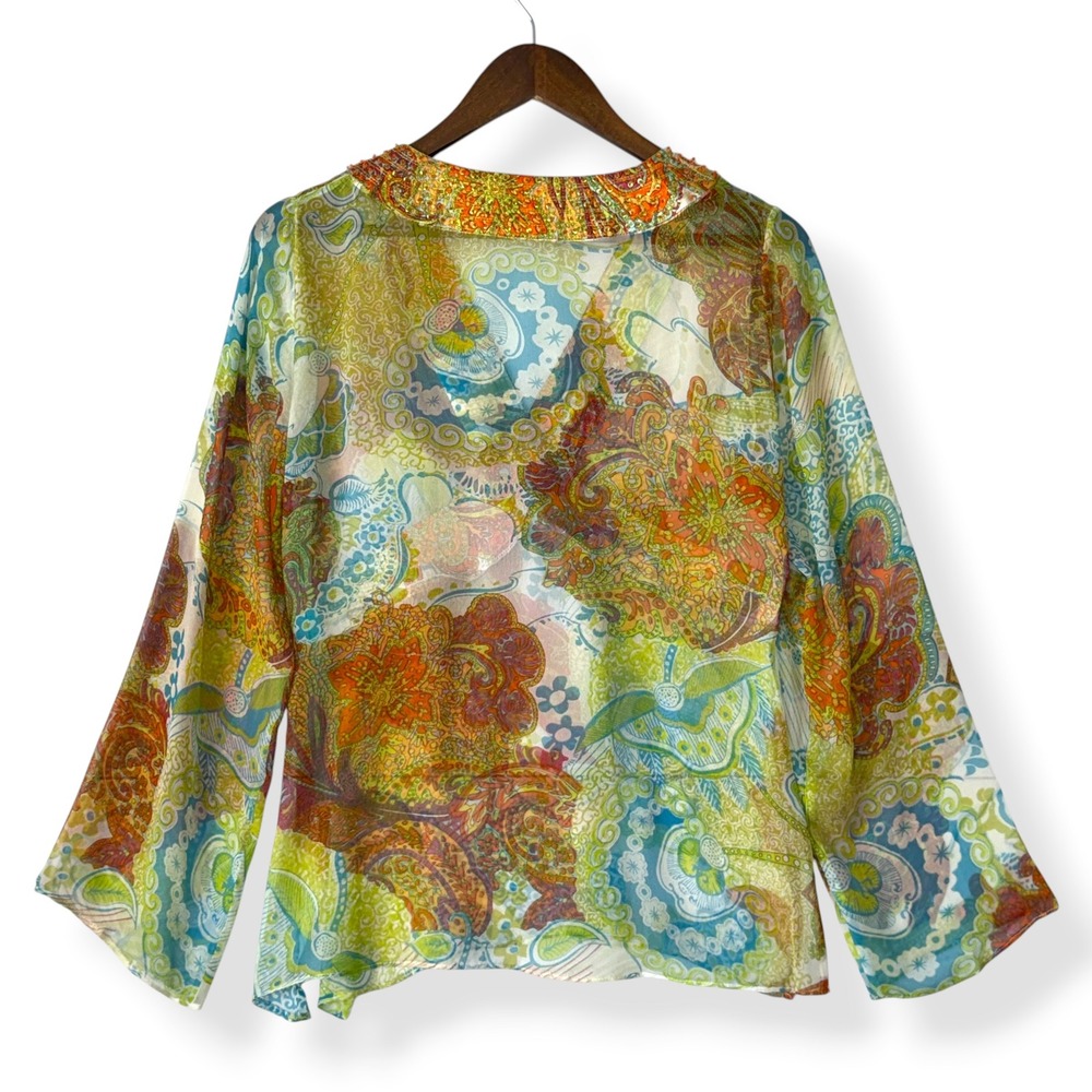 Vtg Cache Blouse 8 M Y2K 90s Paisley Beaded Sheer Bell Sleeve Boho Fairy Whimsy - Picture 3 of 13